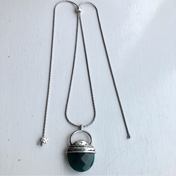 Silver Boho Western Lariat Necklace with faceted Teal cut crystal